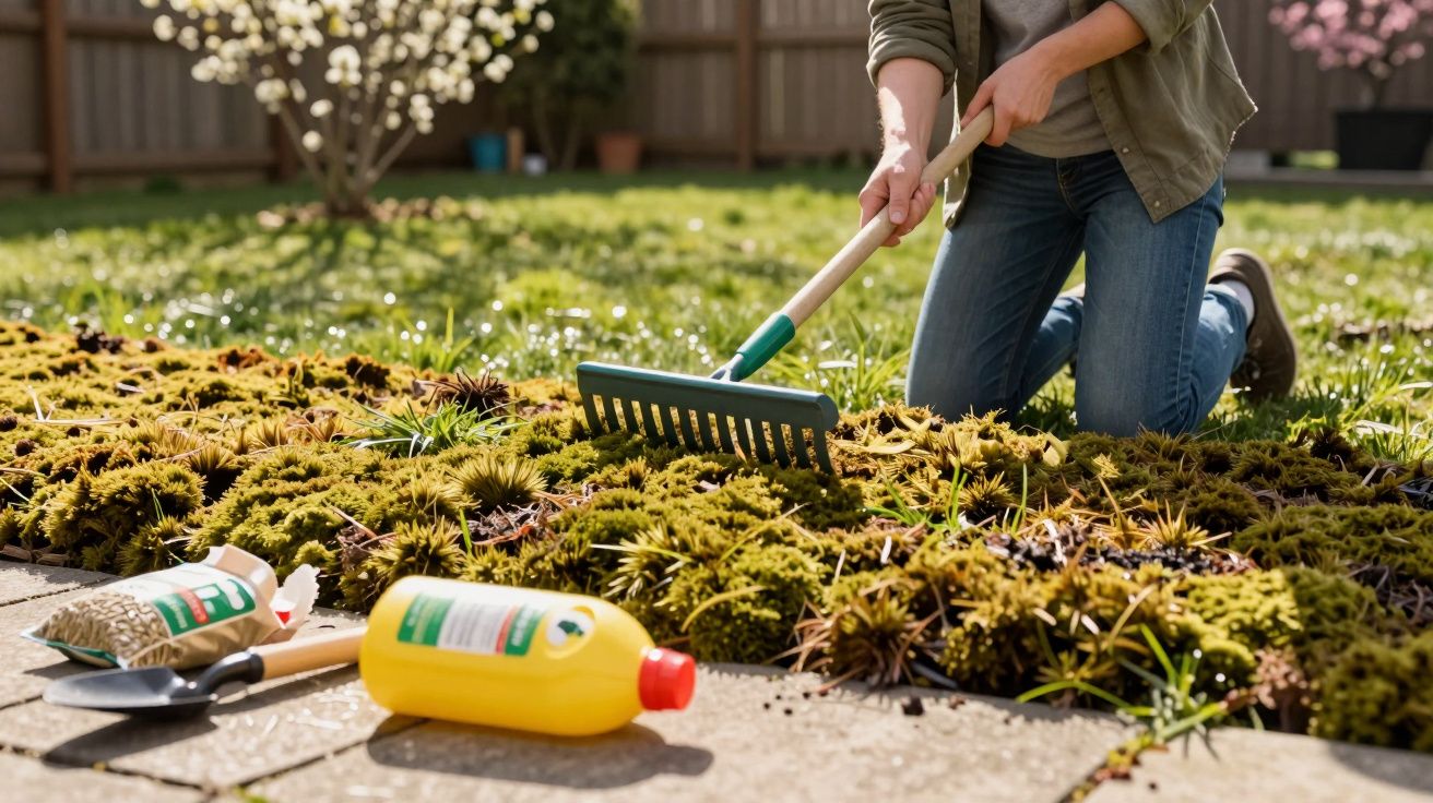 Pessoa a cultivar um jardim com ancinho, perto de ferramentas e fertilizante no chão.
