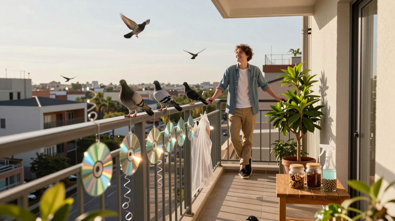 Jovem no terraço com pombos pousados na grade decorada com CDs refletivos ao sol.