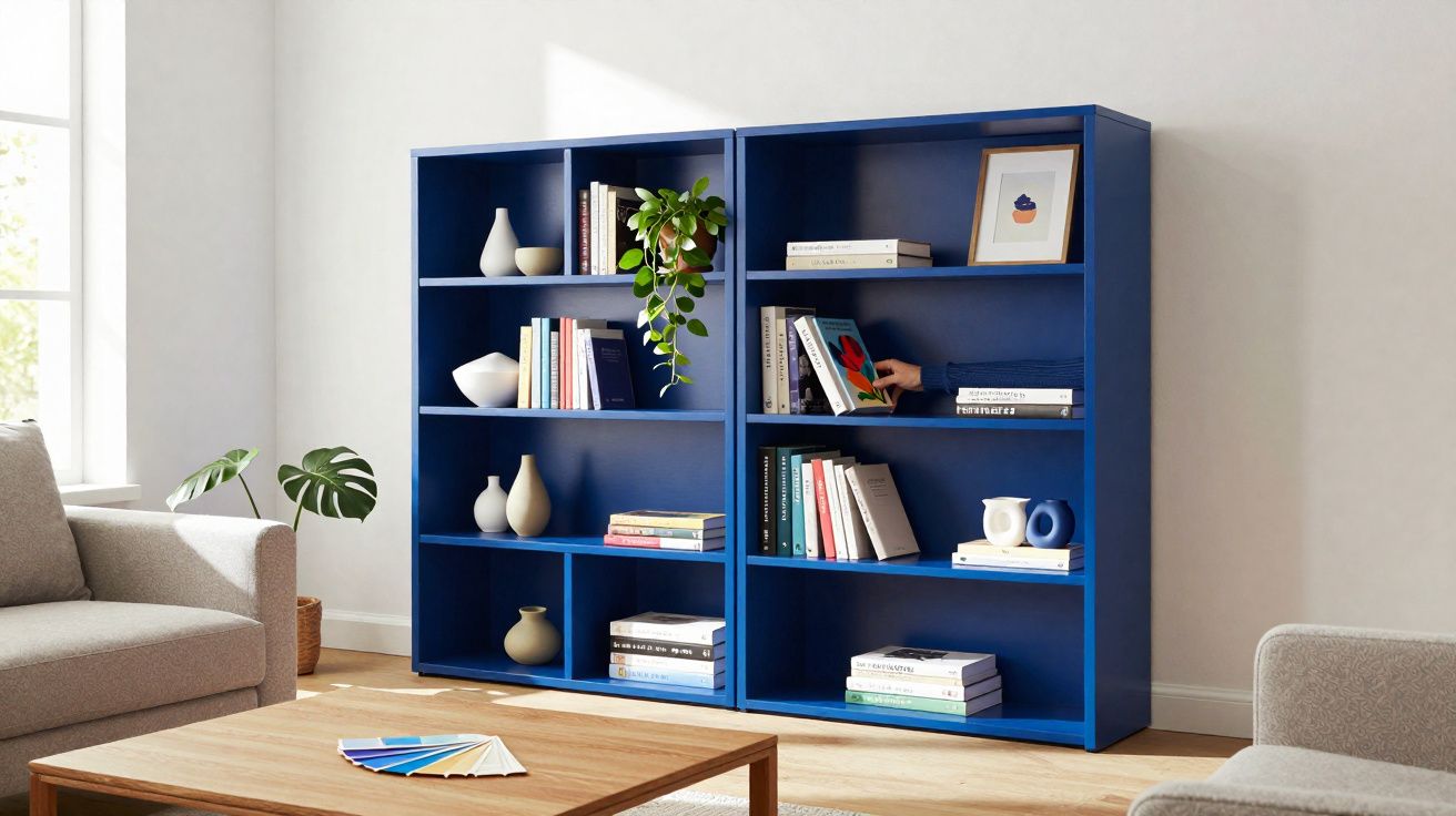 Estante azul cheia de livros e objetos decorativos numa sala com sofá cinzento e mesa de madeira.