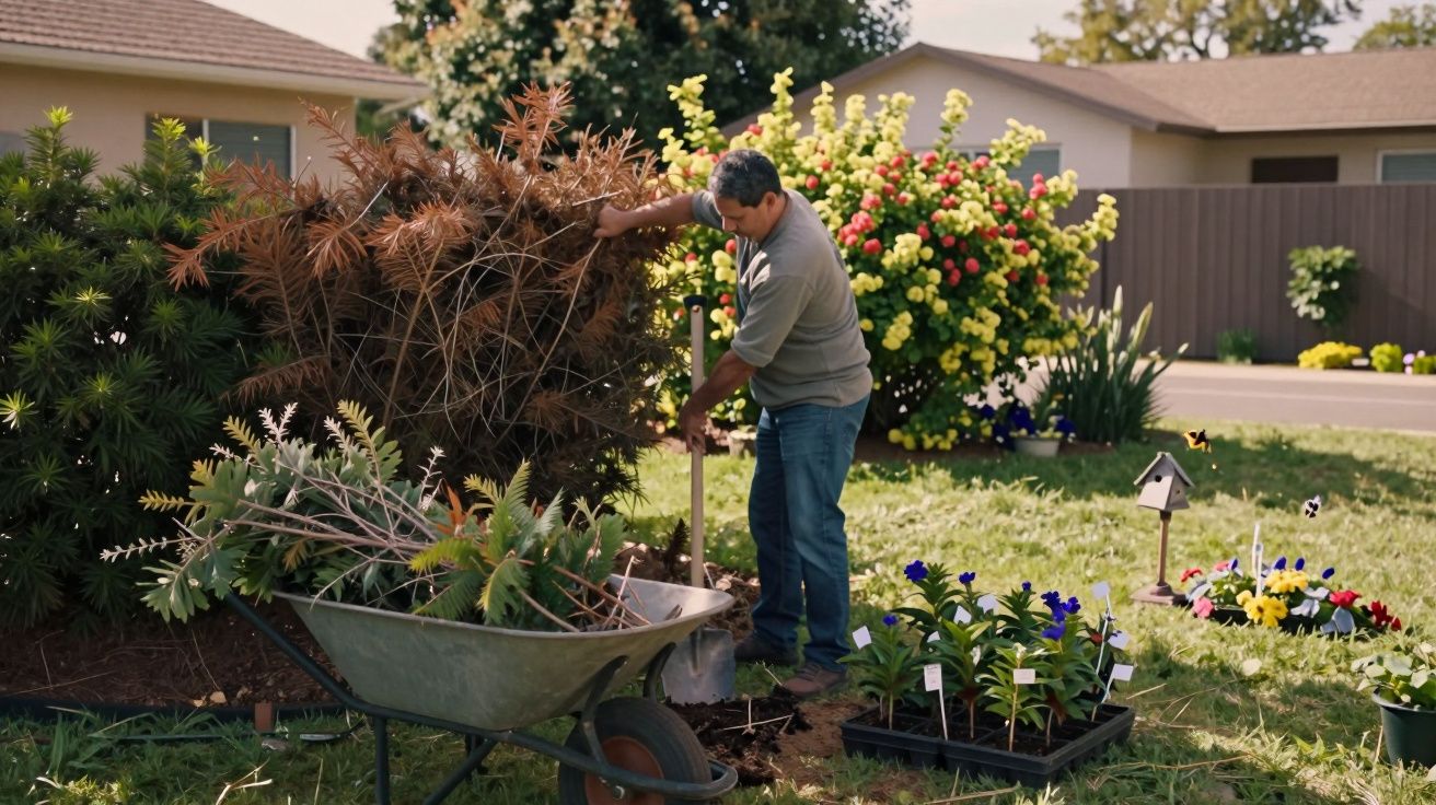 Homem a remover uma árvore seca num jardim com várias plantas e flores coloridas ao redor.