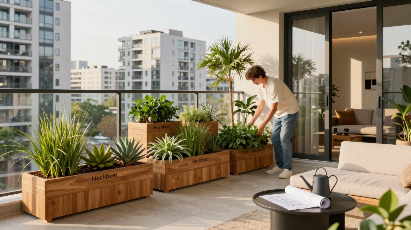 Varanda urbana com plantações em vasos de madeira e pessoa a cuidar das plantas ao pôr do sol.