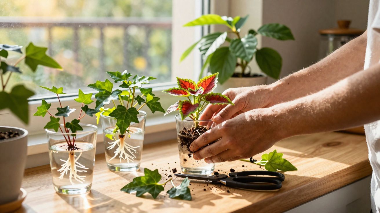 Mãos a transplantar planta com folhas coloridas num copo, com outras plantas em água numa janela ensolarada.