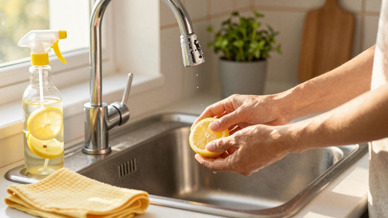 Mãos a espremer meio limão sobre uma pia de cozinha com spray de limão e toalha amarela.