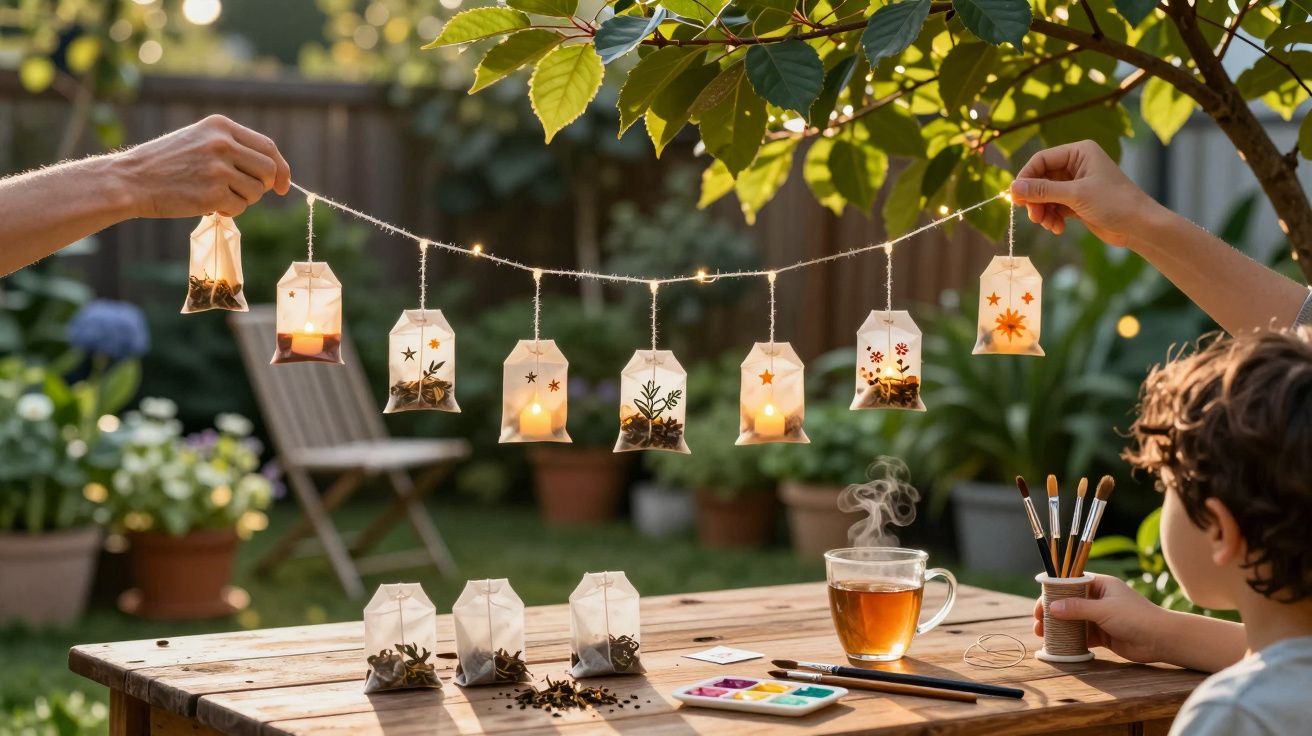 Luzes de fadas feitas com saquetas de chá decoradas penduradas ao ar livre numa tarde, criança a pintar.