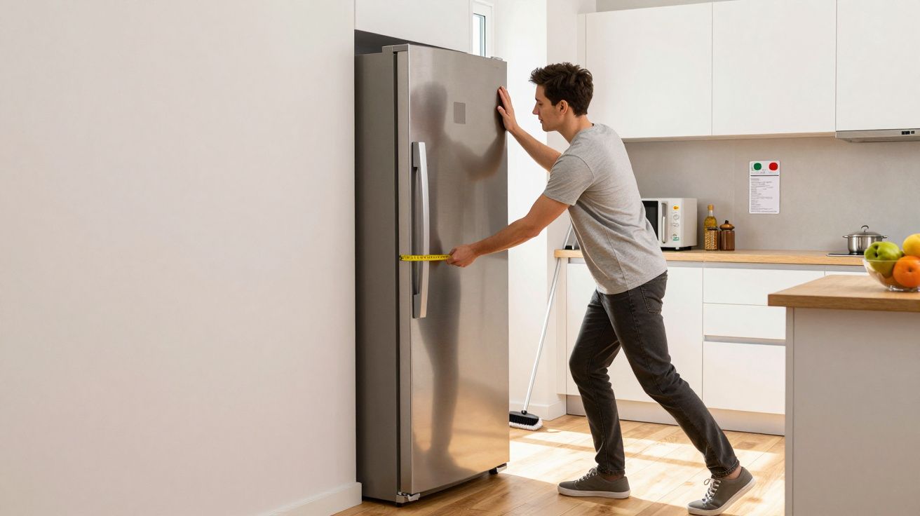 Homem a medir a largura de um frigorífico metálico numa cozinha moderna e iluminada.