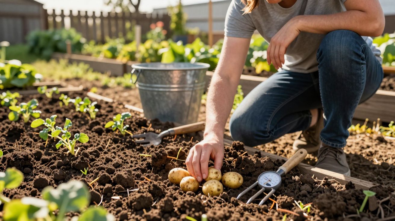 Pessoa a colher batatas recém colhidas no solo de uma horta com ferramentas de jardinagem próximas.