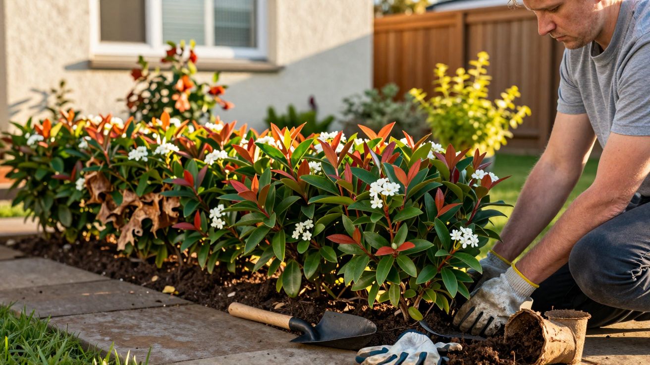 Homem a plantar arbustos floridos num jardim junto a uma casa, com ferramentas de jardinagem ao lado.