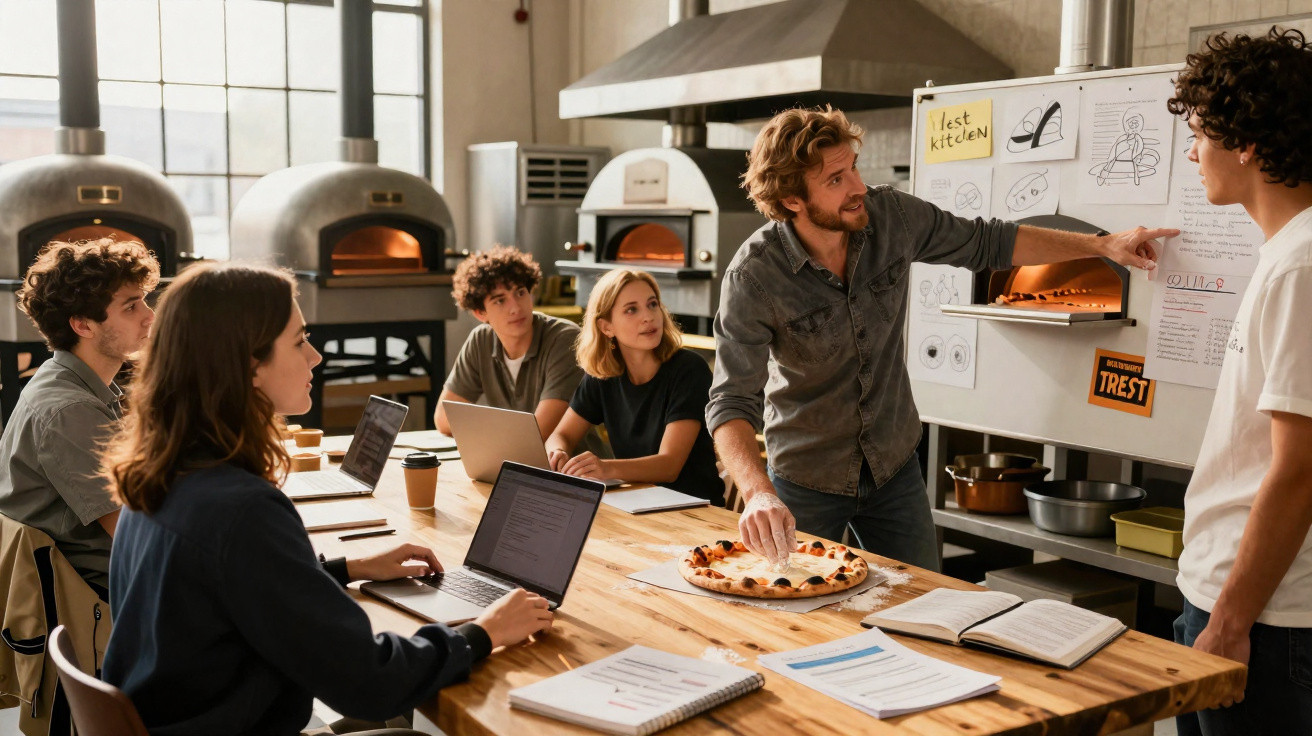 Grupo de jovens reunidos numa pizzaria enquanto um deles apresenta um projeto com pizza na mesa.