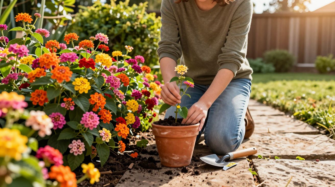 Pessoa a plantar flor amarela em vaso de barro numa calçada junto a flores coloridas num jardim iluminado.