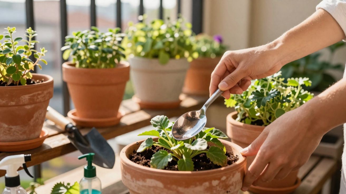 Pessoa a cuidar de planta jovem num vaso de barro, usando uma colher para regar a terra.