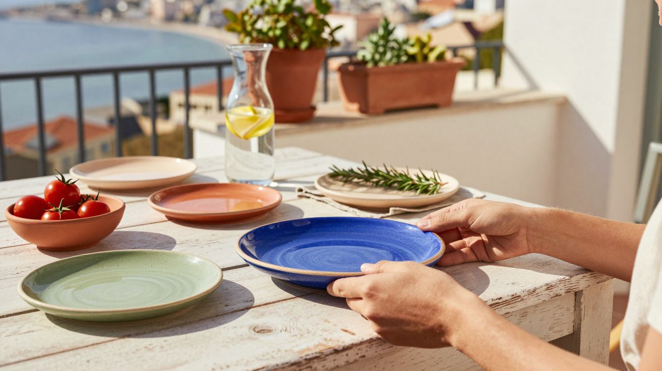Mãos seguram prato azul numa mesa com pratos coloridos, tomates e jarra de água com limão numa varanda com vista mar.