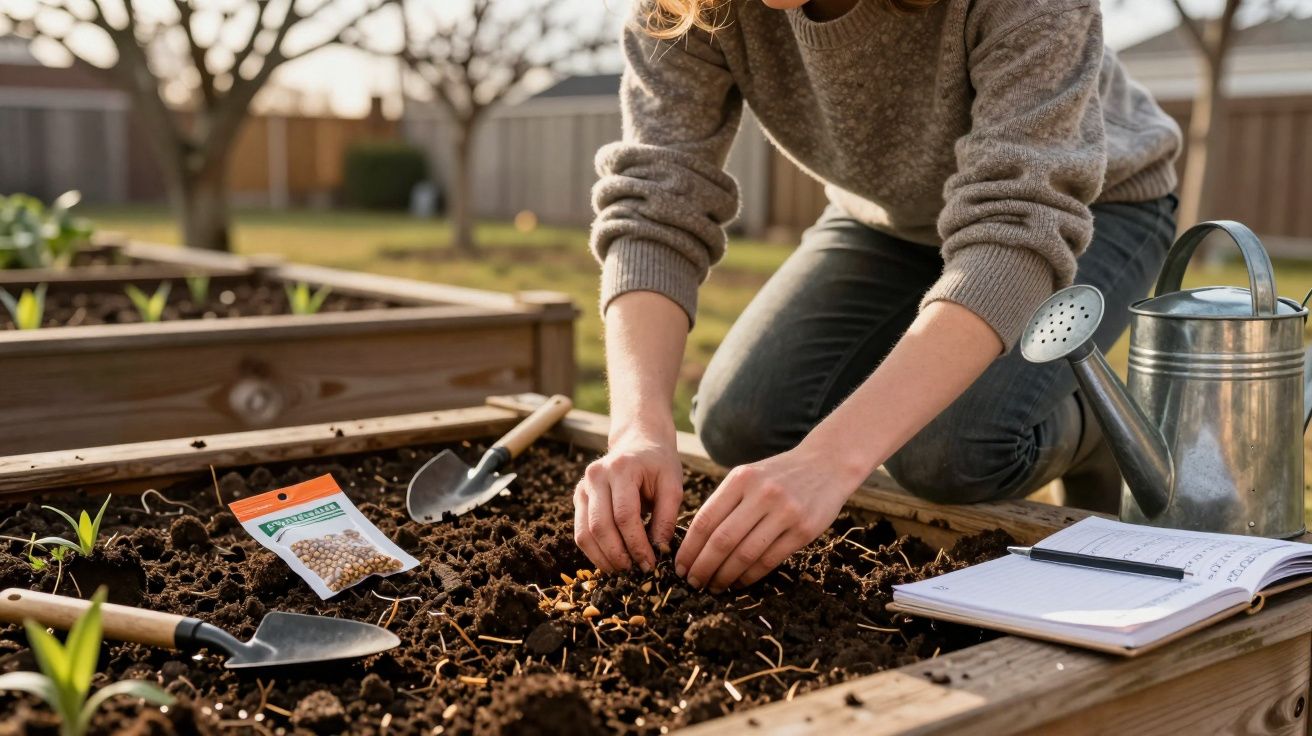 Pessoa a plantar sementes em canteiro de jardim com regador, pá e caderno de notas ao lado.