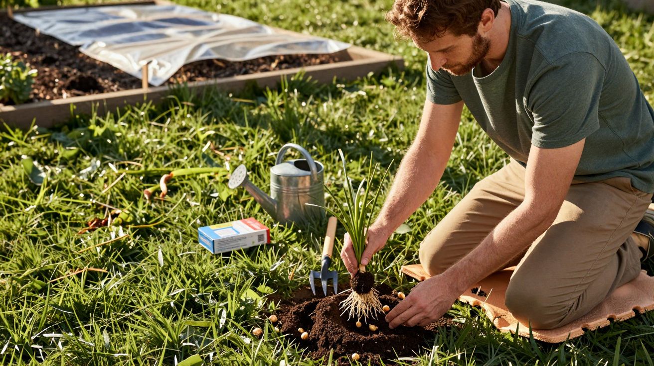 Homem a plantar cebolas num jardim, com regador e ferramentas no chão.