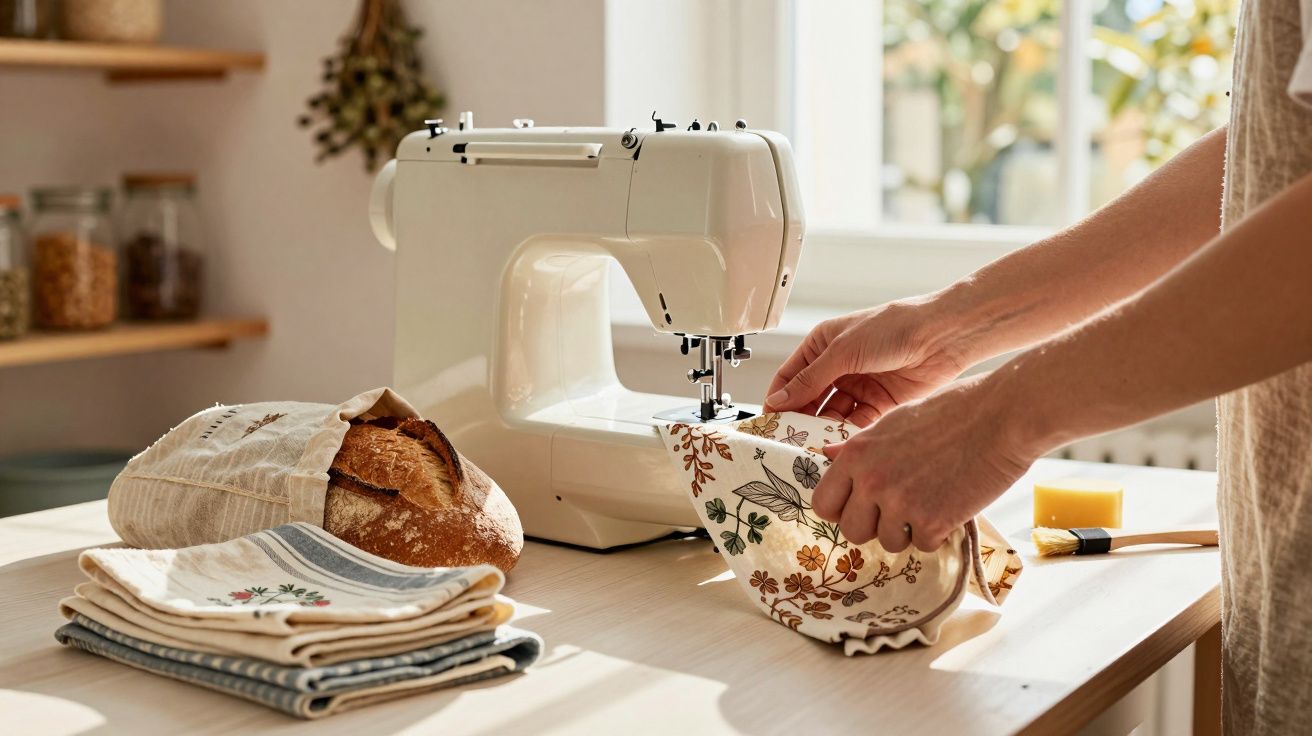 Pessoa a costurar tecido floral numa máquina de costura, com pão e panos empilhados numa mesa.