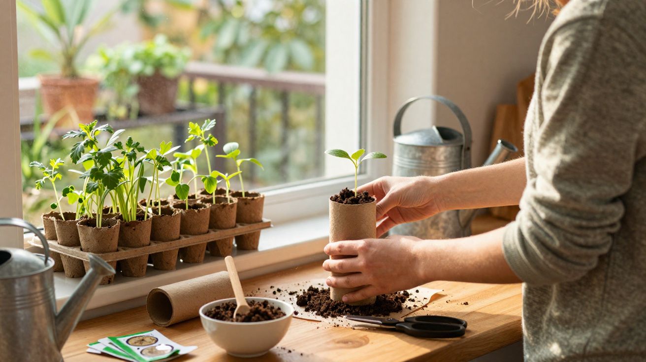 Pessoa transplantando muda de planta em vaso biodegradável numa bancada junto a uma janela.