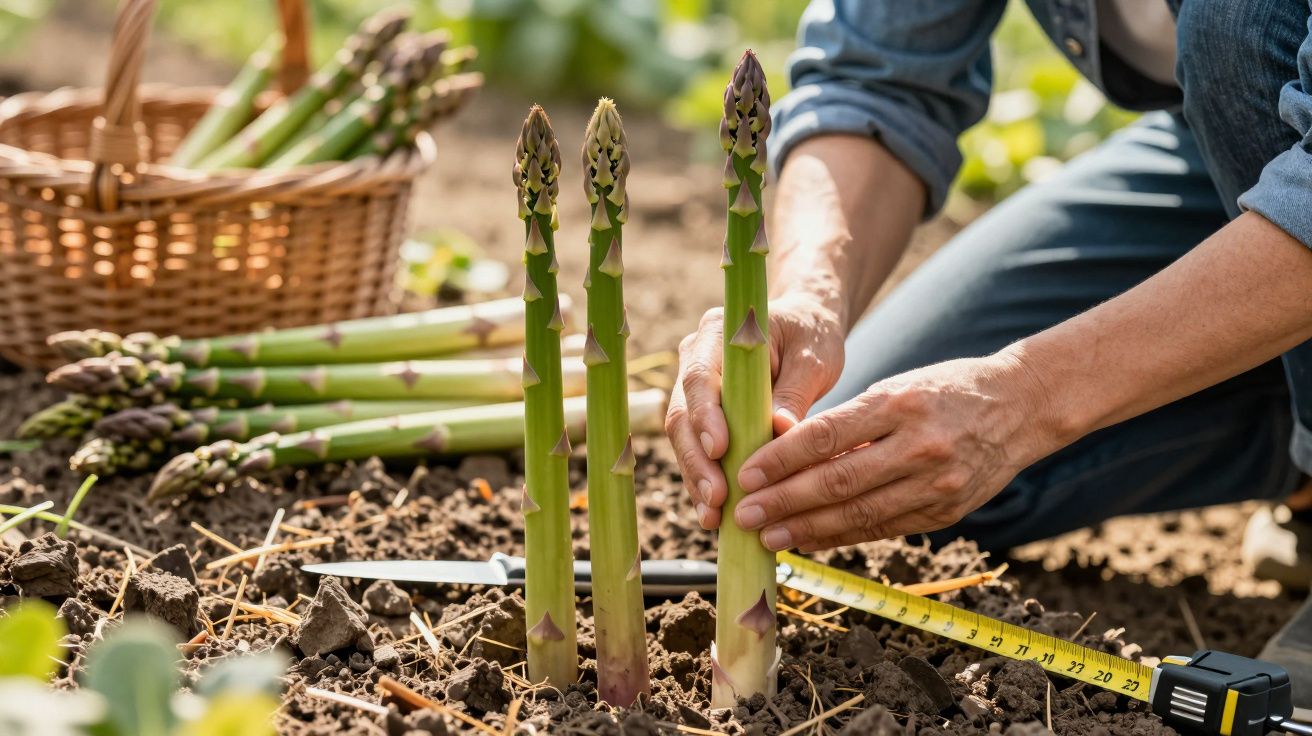 Pessoa a medir espargos verdes na terra junto a cesta de colheita num campo agrícola.