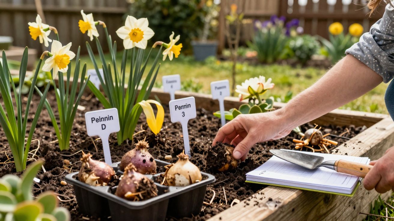 Pessoa a plantar bulbos de flores numa horta com narcisos amarelos em vasos sinalizados.