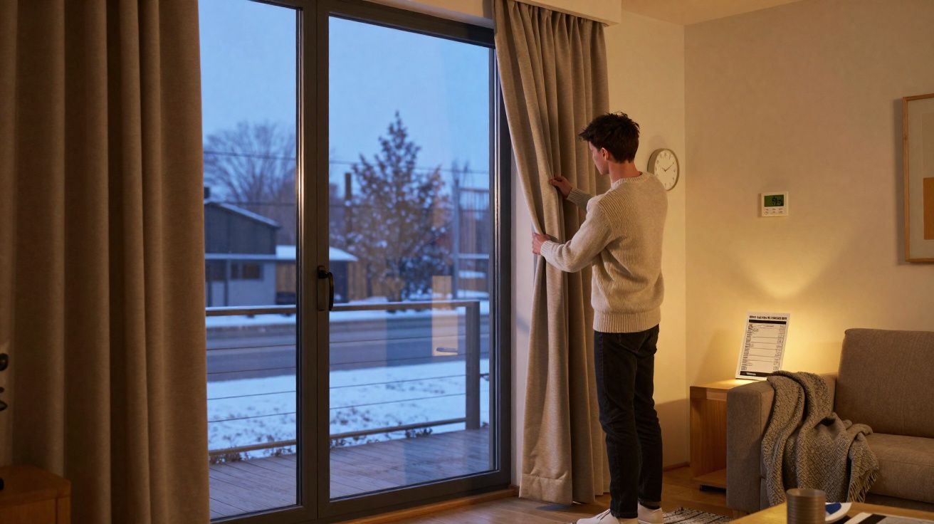 Homem a abrir cortinas numa sala acolhedora com vista para jardim coberto de neve ao entardecer.
