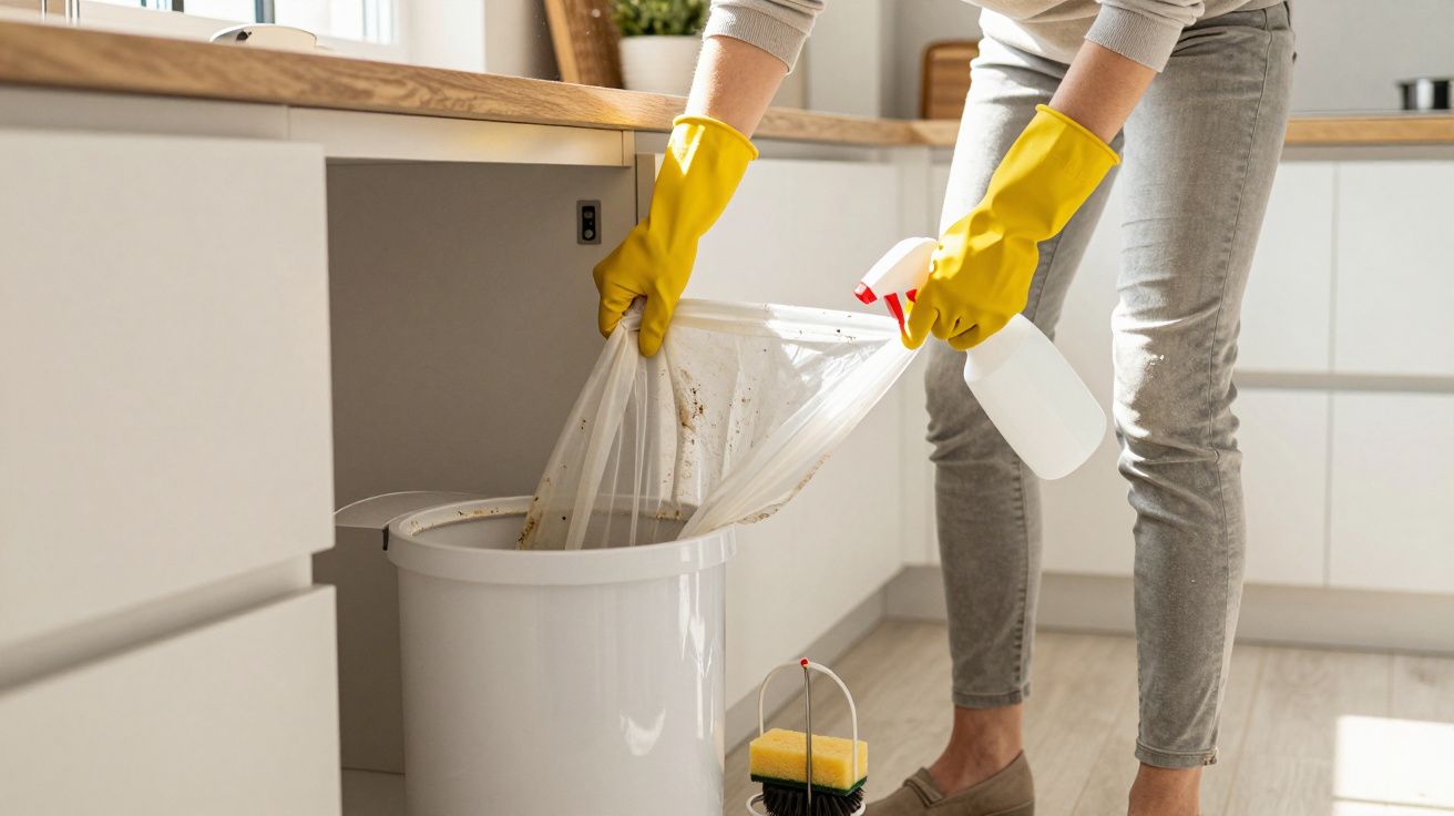 Pessoa com luvas amarelas a remover saco de lixo sujo de uma lixeira branca numa cozinha moderna.