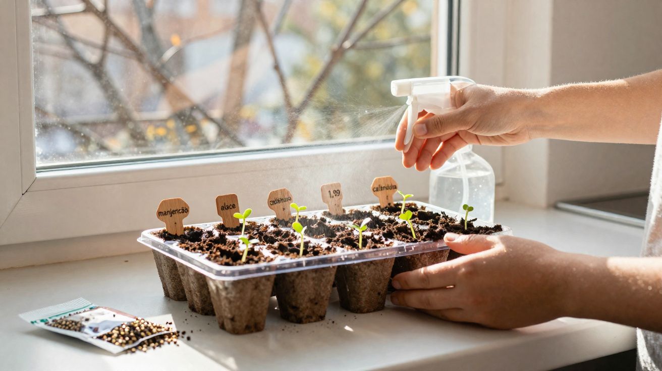 Mãos regando com pulverizador pequenas plantas em muda num tabuleiro junto a uma janela ensolarada.