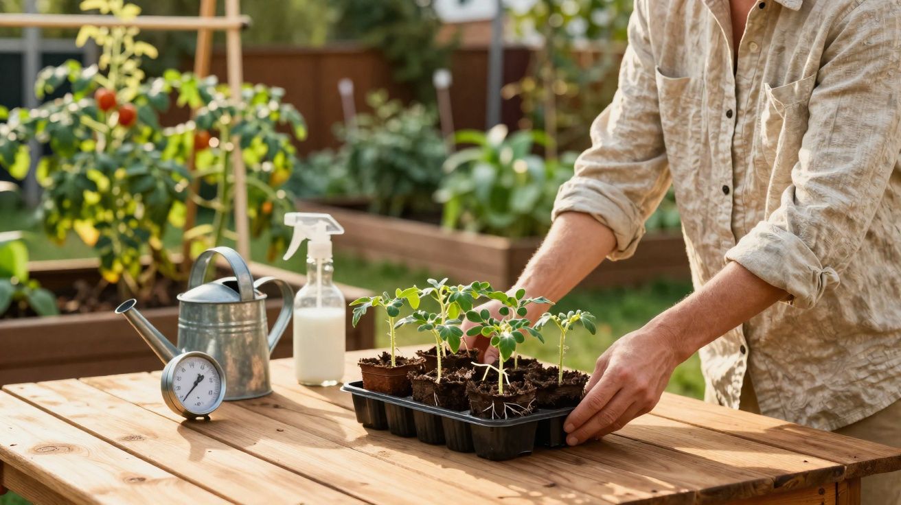 Pessoa a manusear muda de plantas num tabuleiro numa mesa de madeira num jardim com regador e pulverizador.