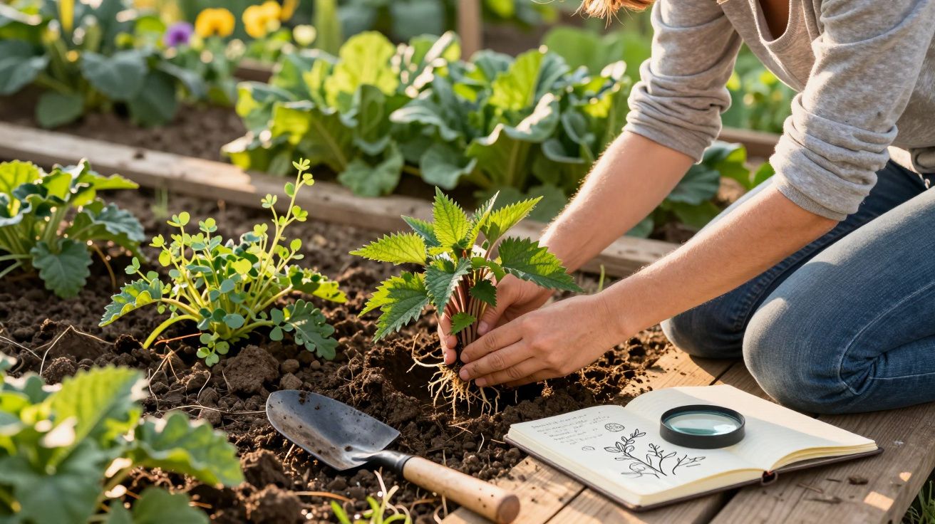 Pessoa a plantar uma muda numa horta, com enxada e caderno de desenhos botânicos ao lado.