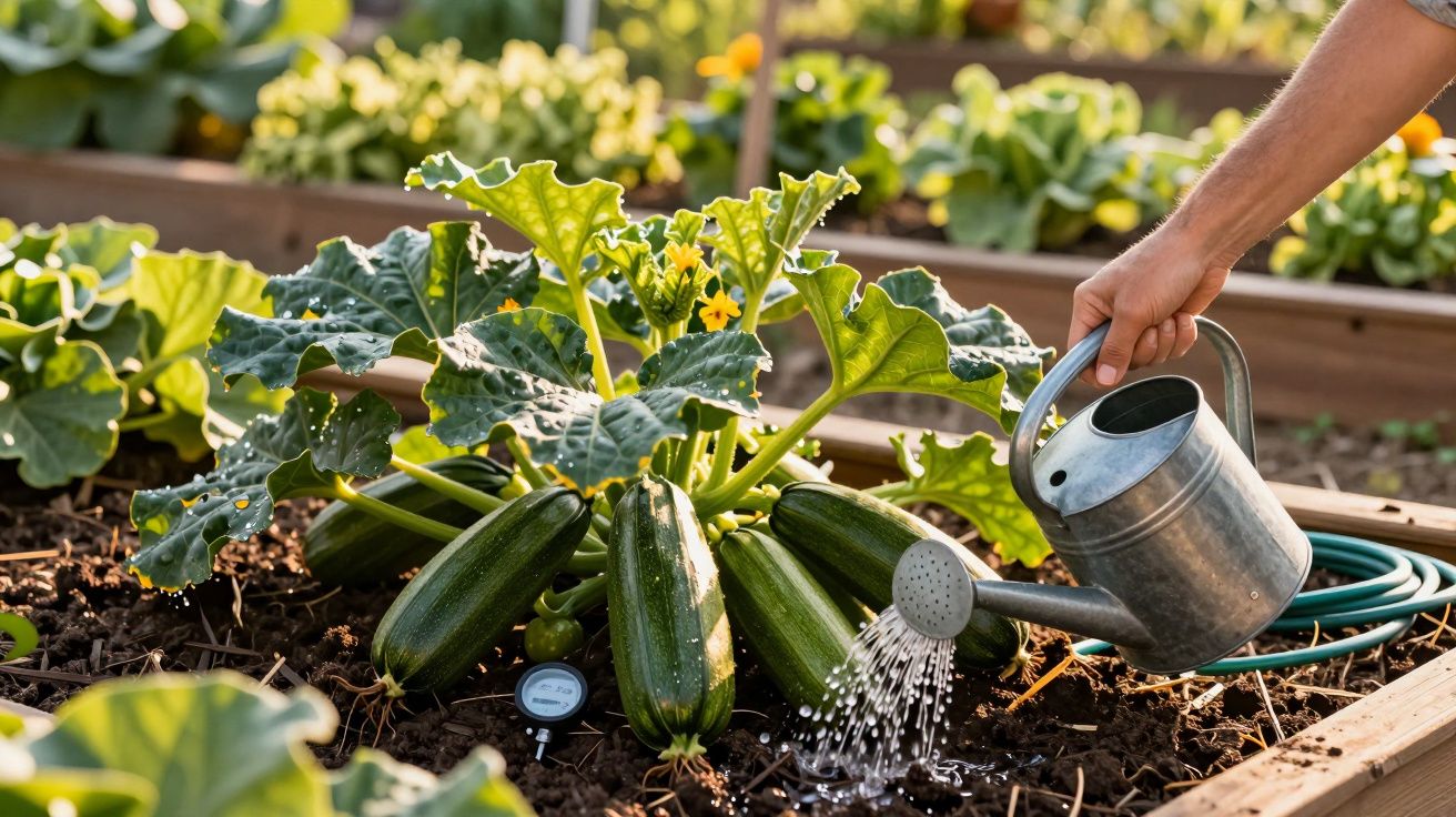 Pessoa a regar planta de curgete num jardim com cana de rega verde e regador metálico.