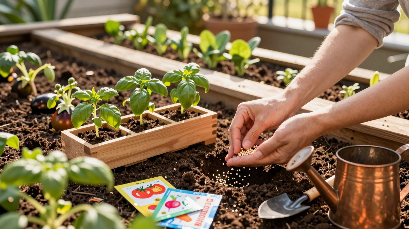 Mãos semeando no solo de uma horta com plantas de manjericão, regador e cartas ilustrativas.
