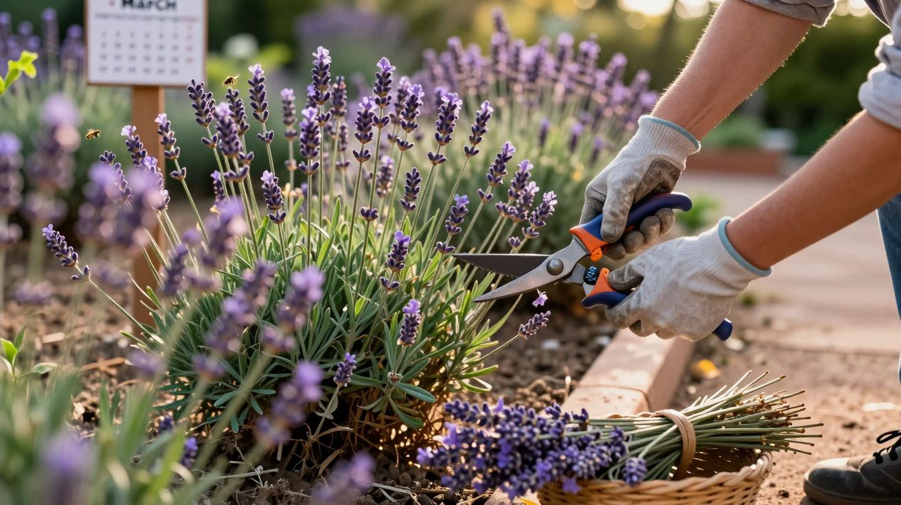 Pessoa a podar flores de lavanda com tesoura num jardim, com cesto cheio de ramos cortados.