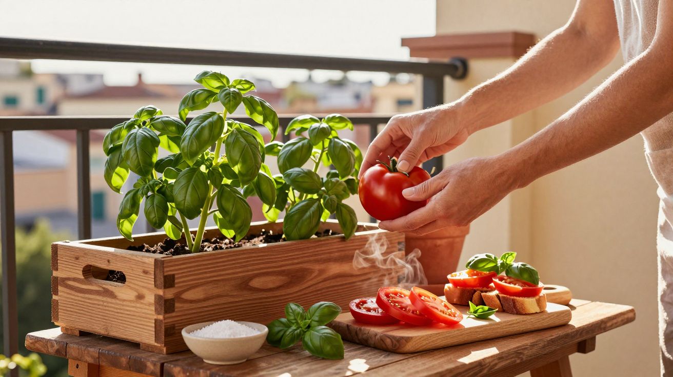 Mãos a colocar tomate em tábuas com fatias de tomate, manjericão e uma planta de manjericão num vaso de madeira.