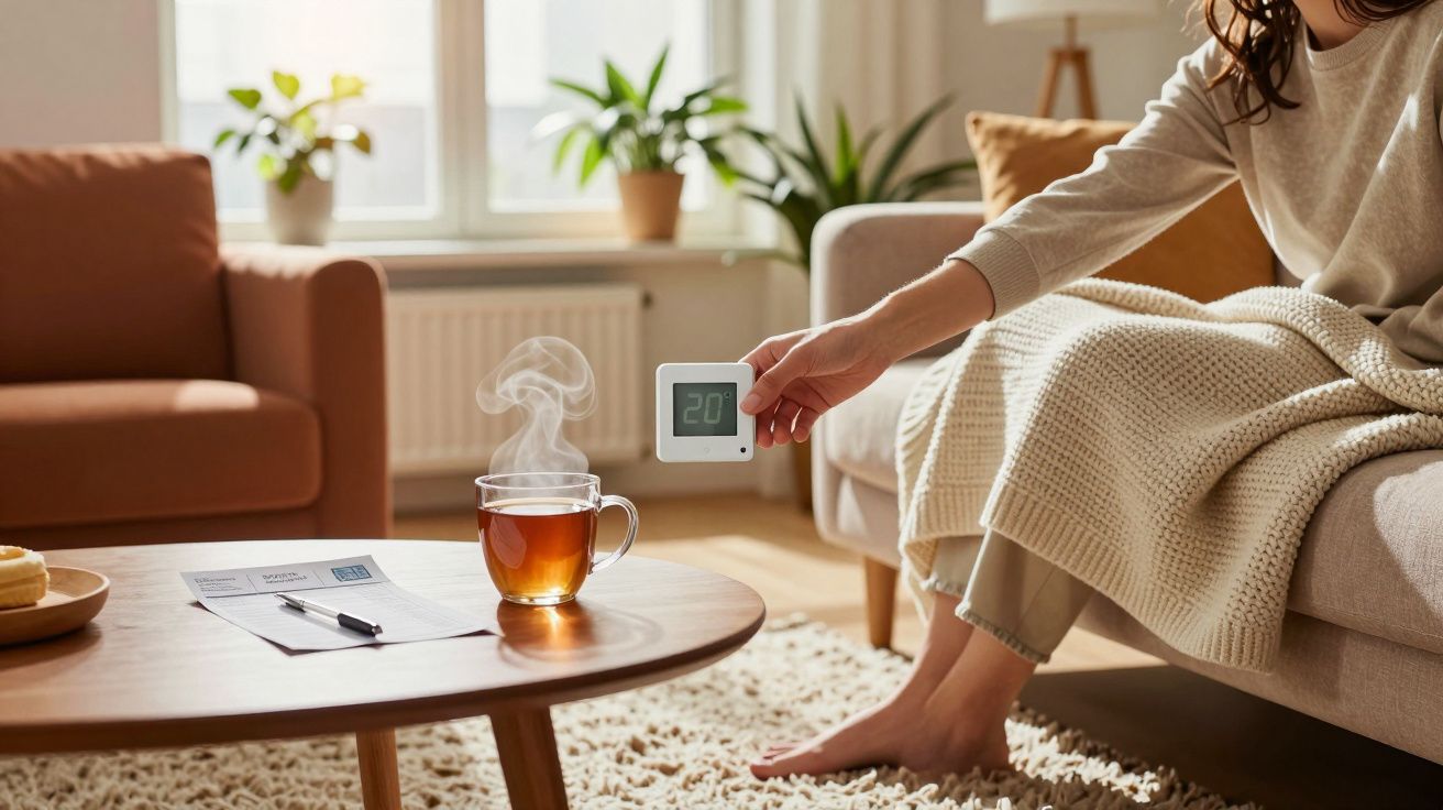 Pessoa sentada no sofá ajustando termostato digital com chá quente e documentos na mesa de madeira na sala.
