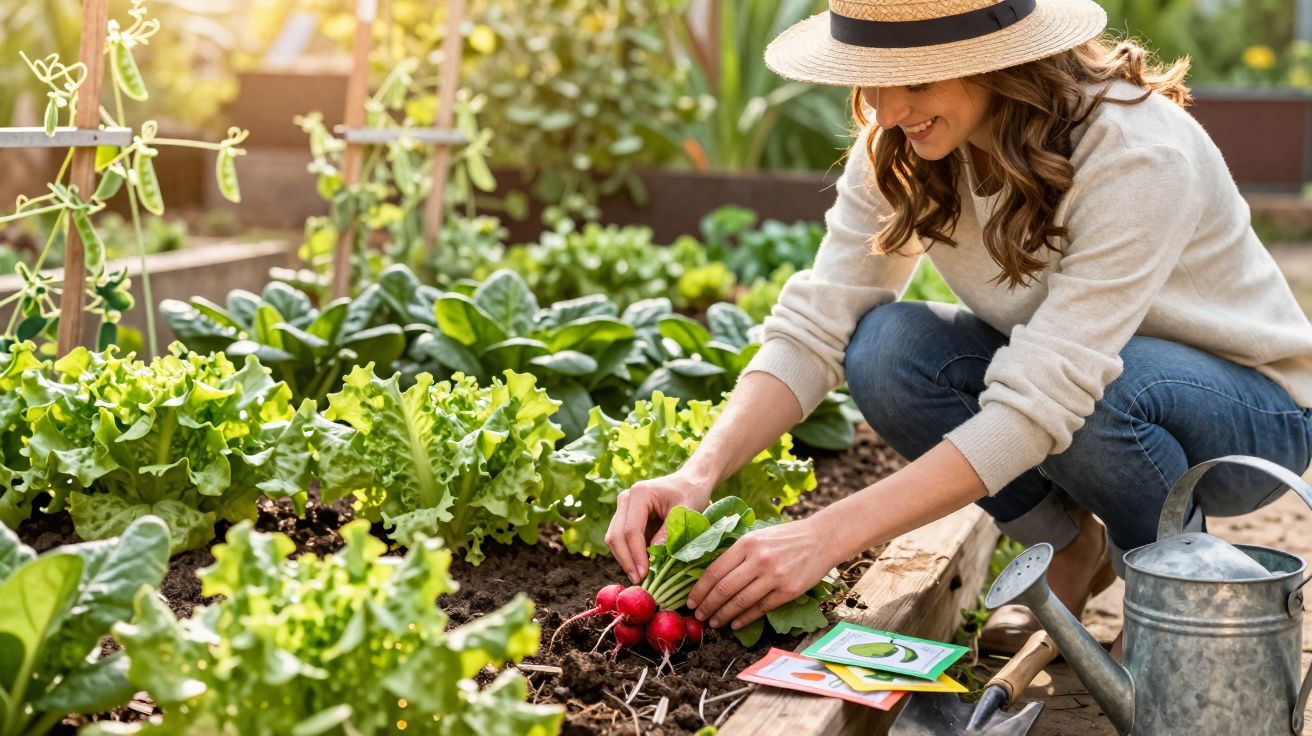 Mulher com chapéu a colher rabanetes num jardim hortícola ensolarado com várias plantas verdes.