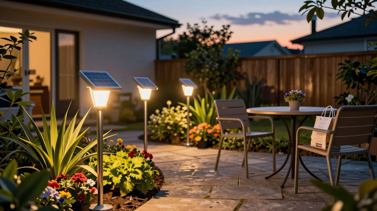 Pátio com iluminação solar, plantas coloridas e mesa com cadeiras ao entardecer.