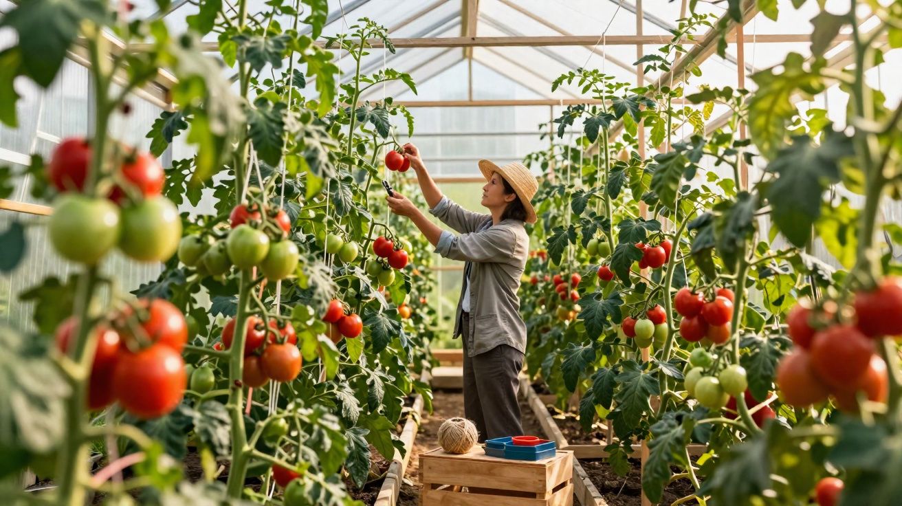 Mulher a colher tomates maduros numa estufa rodeada de plantas verdes e tomates vermelhos e verdes.