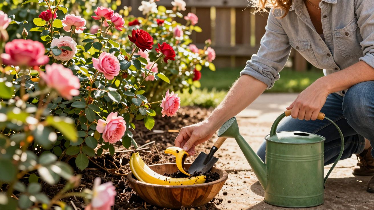 Pessoa a usar cascas de banana para fertilizar roseiras num jardim ensolarado.