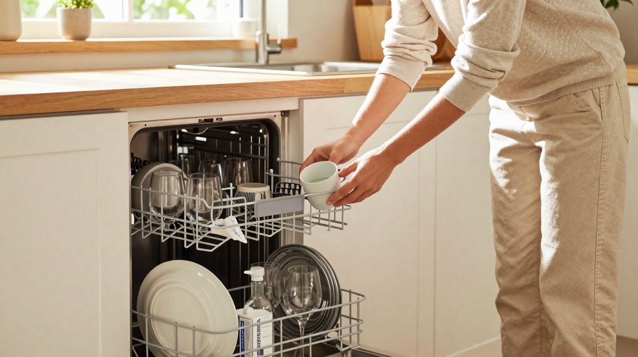 Pessoa a carregar uma máquina de lavar loiça com copos e pratos numa cozinha luminosa e moderna.