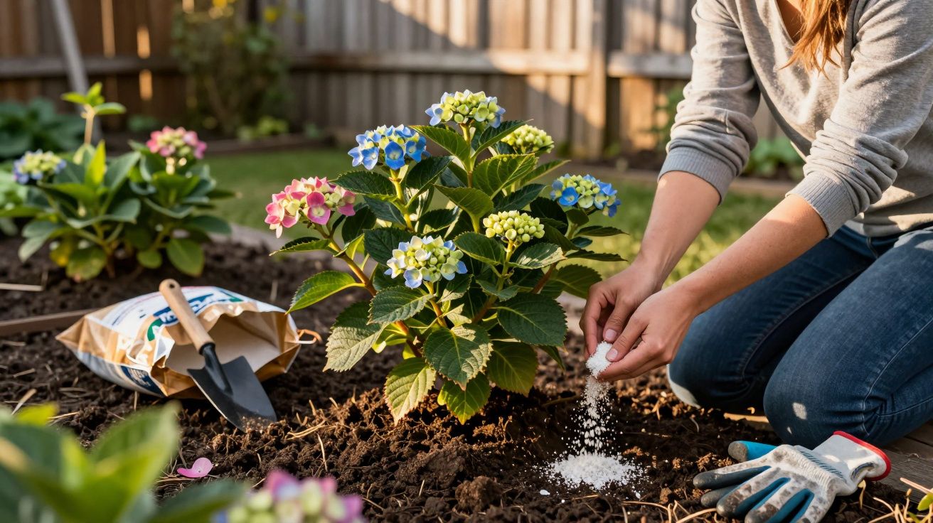 Pessoa a fertilizar plantas de hortênsia num jardim com luvas e ferramenta de jardinagem.