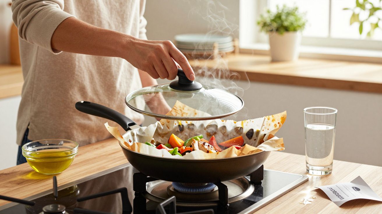 Pessoa a levantar tampa de frigideira com legumes a cozinhar num fogão a gás numa cozinha luminosa.
