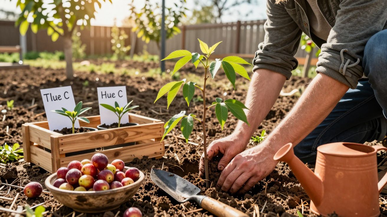 Pessoa a plantar uma muda numa horta com frutos, utensílios de jardinagem e jovens plantas em caixote de madeira.