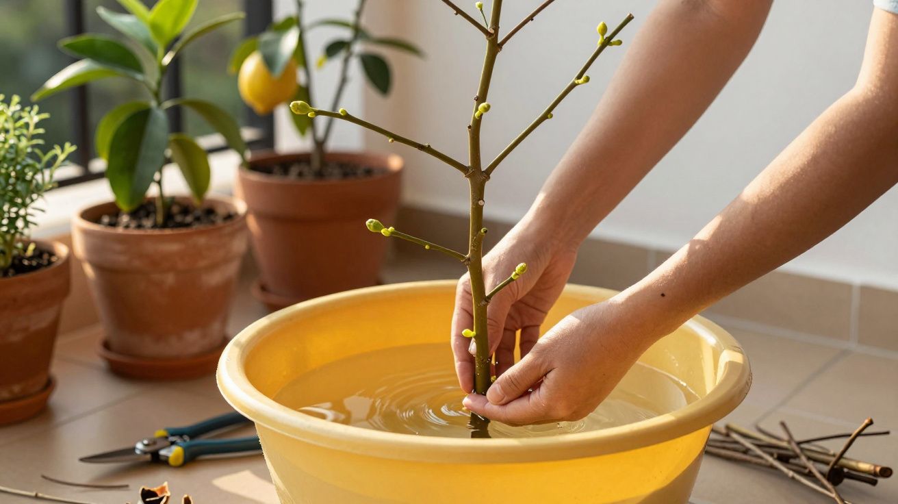 Mãos a mergulhar um ramo com botões num recipiente amarelo com água, perto de vasos com plantas.
