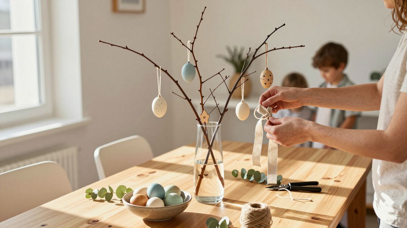 Pessoa a decorar ramos com ovos de Páscoa suspensos numa sala de jantar iluminada naturalmente.