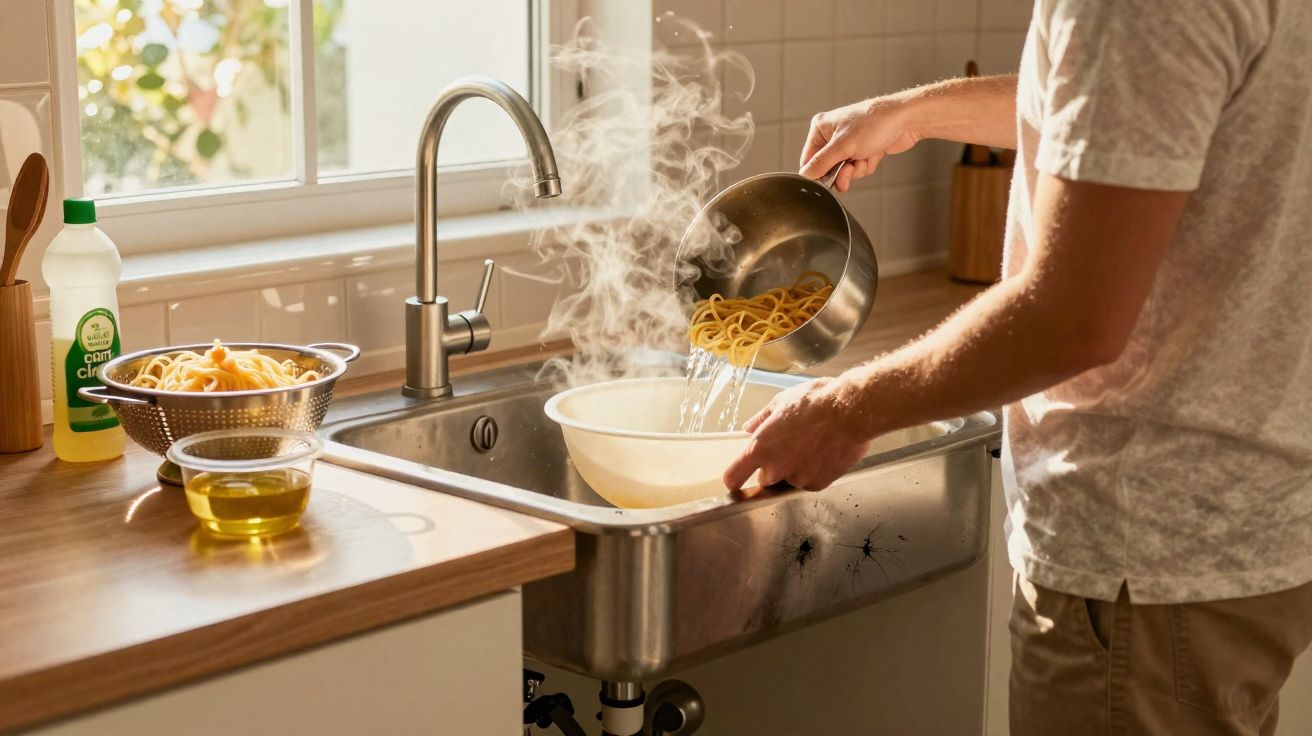 Pessoa a escorrer esparguete num passador na cozinha com vapor a sair da panela.