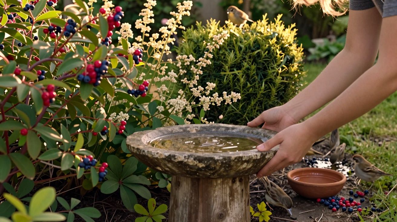 Mãos a colocar comedouro de água para pássaros num jardim com arbustos e bagas coloridas.