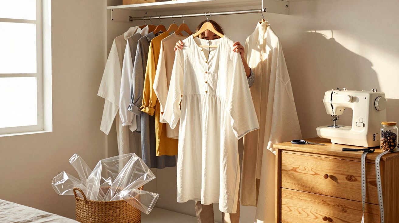 Pessoa segura vestido branco junto a cabide com roupas neutras em quarto de costura iluminado por janela.