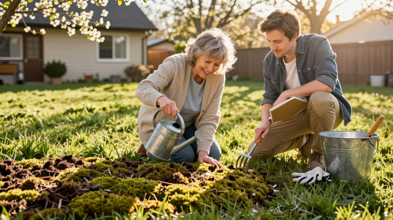 Mulher idosa e homem jovem a cuidar de um jardim, regando plantas e usando ferramentas de jardinagem ao ar livre.