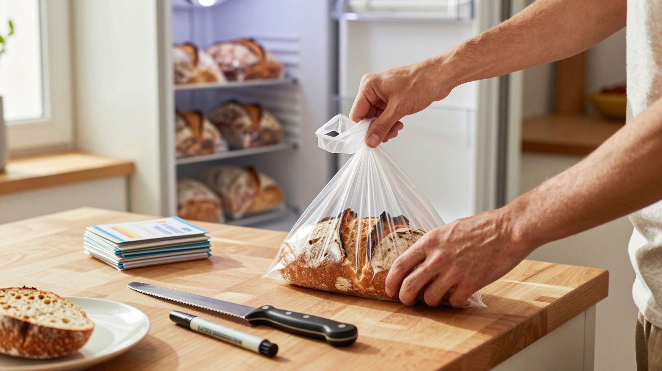 Pessoa a colocar pão fatiado dentro de um saco plástico transparente numa cozinha.
