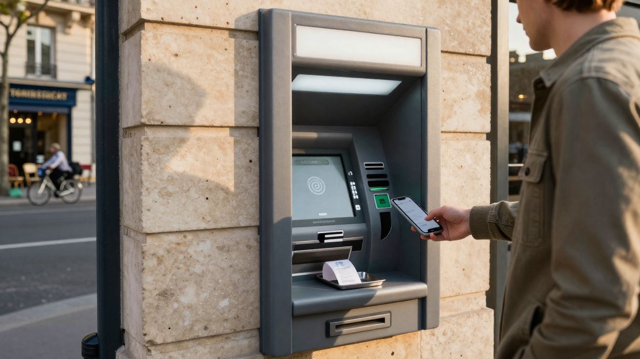 Homem a usar telemóvel para levantar dinheiro em multibanco exterior junto a parede de pedra.