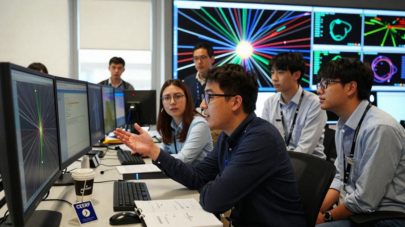 Equipa de cientistas analisando dados de partículas em vários ecrãs num laboratório moderno.