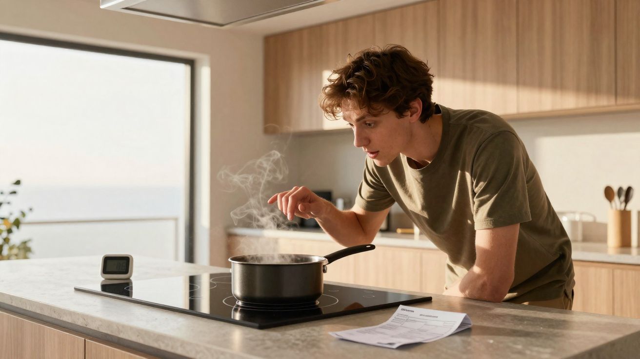 Homem a observar com atenção uma panela a ferver numa cozinha moderna e luminosa.