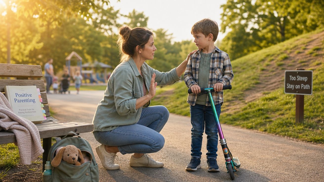 Mulher ajoelhada a conversar com menino de trotinete num parque, com livro e mochila no banco próximo.